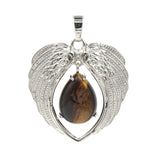 Natural Crystal Angel Wings Pendant | Teardrop Gemstone Heart Amulet Charm | Silver Alloy Feather Wing Quartz Droplet Jewelry Findings for DIY Making