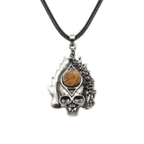 Dark Culture Silver Skull Fire Amulet Necklace • Vintage Biker Flame Skeleton Crystal Holder Pendant • Unisex Hip Hop Streetwear Jewelry