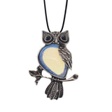 Vintage Antique Silver Owl Pendant, Natural Mixed Gemstone Owl on Branch Charm, Retro Metal Owl Inlaid Crystal Stone Pendant, Reiki Healing Animal Necklace Jewelry for Women