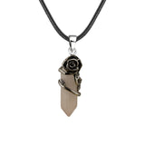 Vintage Rose Wrapped Crystal Pendant Necklace • Hexagonal Bullet Stone Charm • Boho Black Cord Healing Quartz Spiritual Jewelry