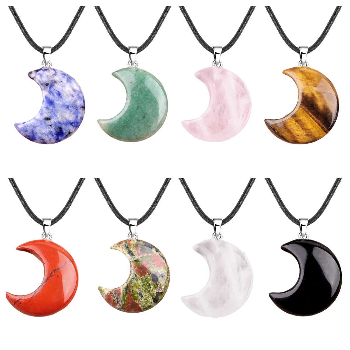 Natural Crescent Moon Necklace - Healing Crystal Moon Pendant with Black Leather Cord - Spiritual Reiki Jewelry for Women & Men