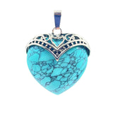 32×38mm Antique Silver Heart Gemstone Pendant | Natural Crystal Retro Love Charm for DIY Jewelry