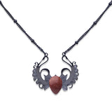 Punk Hip Hop Devil Wing Necklace - Blackened Stainless Steel Water-drop Gemstone Pendant - Grunge Goth Necklaces for Men & Women