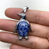 24x35mm Natural Crystal Penguin Pendant Necklace, Silver Alloy Frame Gemstone Charm