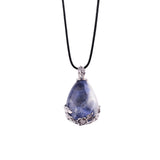 Teardrop Natural Gemstone Pendant, Silver Floral Leaf Wrapped Stone Charm, 45x27mm Pear Shape Crystal Pendant, Boho Reiki Healing Necklace Jewelry