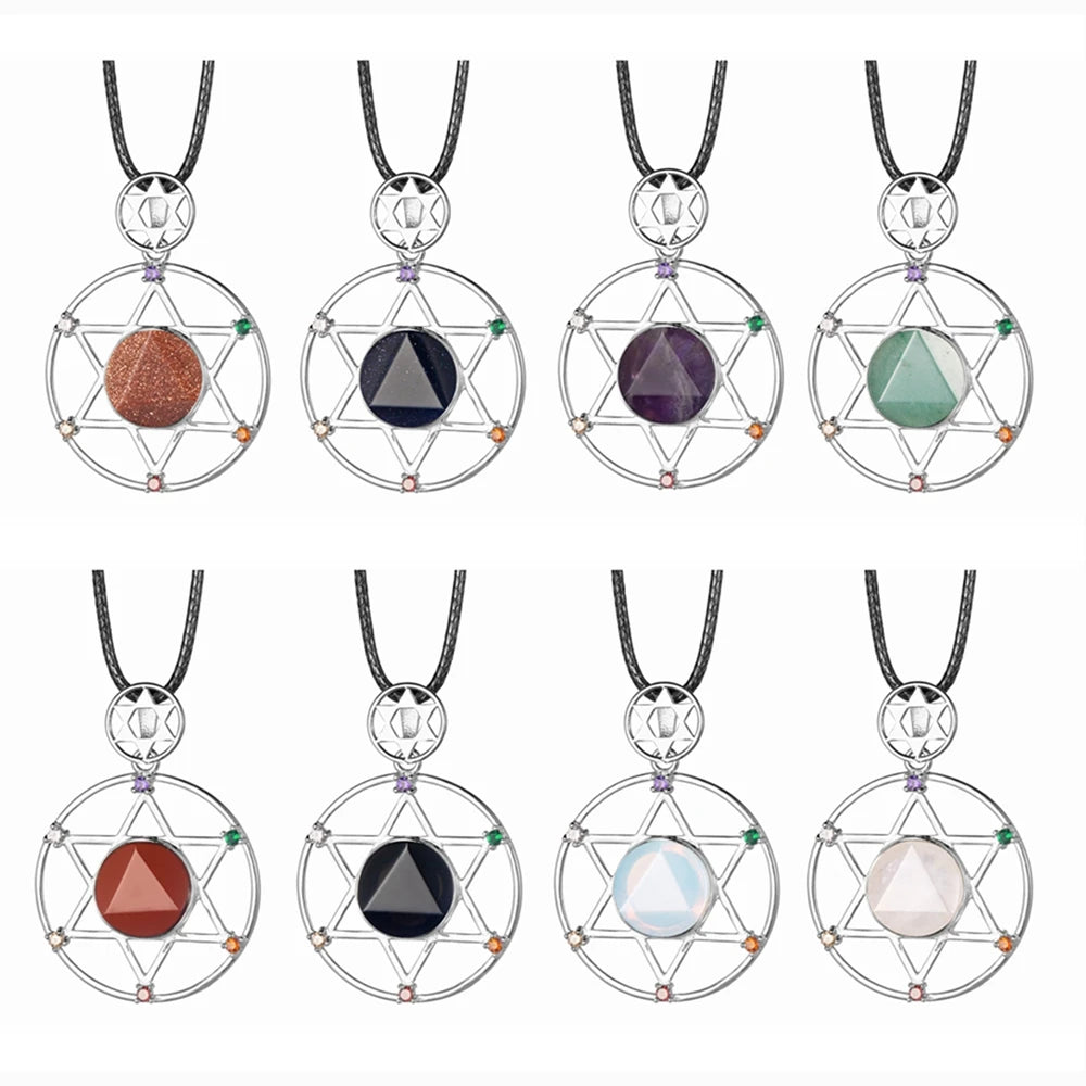 7 Chakra Hexagram Natural Crystal Pendant Necklace, Sacred Star of David Gemstone Black Wax Cord Necklace Reiki Energy Spiritual Boho Jewelry Gift for Men Women