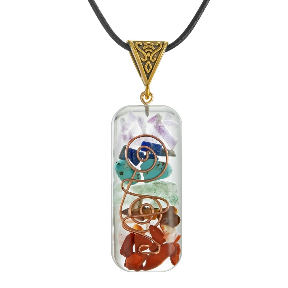 Orgone 7 Chakra Pendant Necklace, Resin Mixed Crystal Chips Reiki Symbol Wire Wrapped Energy Orgonite Pendant, Healing Meditation Jewelry with Black Wax Rope Chain