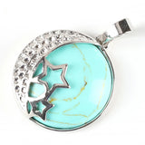 Moon & Star Celestial Natural Gemstone Round Pendant, Silver‑Tone Hollow Star Crescent Moon Frame Crystal Stone Charm for Handmade Necklaces
