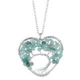 Heart Shaped Tree of Life Pendant Necklace, Natural Chip Gemstone Chakra Crystal Necklace Silver Wire Wrapped Jewelry Gift for Women