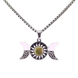 Stainless Steel Triple Moon Goddess Necklace with Celtic Knot - Natural Tiger's Eye Sun Pendant - Wiccan Pagan Spiritual Jewelry for Men & Women