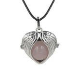 Angel Wing Heart Crystal Ball Pendant Necklace Silver Plated Natural Round Stone Chakra Healing Black Wax Cord Necklace for Women
