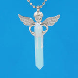 Silver Angel Wing Natural Crystal Point Pendant 35×65mm, Double Terminated Hexagonal Crystal Stone Charm, Reiki Chakra Healing Angel Guardian Pendant for DIY Necklace Spiritual Boho Jewelry Gift
