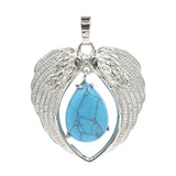 Natural Crystal Angel Wings Pendant | Teardrop Gemstone Heart Amulet Charm | Silver Alloy Feather Wing Quartz Droplet Jewelry Findings for DIY Making