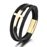 Men's Cross Faith Bracelet - Genuine Cowhide Leather & Stainless Steel Religious Wristband