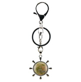 Vintage Silver Ship Rudder Keychain • Antique Nautical Helm Wheel Keyring with Natural Gemstone Ball • Coastal Car Key Holder Backpack Bag Charm