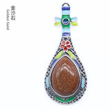 Ethnic Enamel Vase‑Shape Natural Gemstone Pendant, Retro Hollow Alloy Teardrop Cabochon Crystal Pendant, Colorful Enamel Chakra Reiki Healing DIY Necklace Jewelry Charm