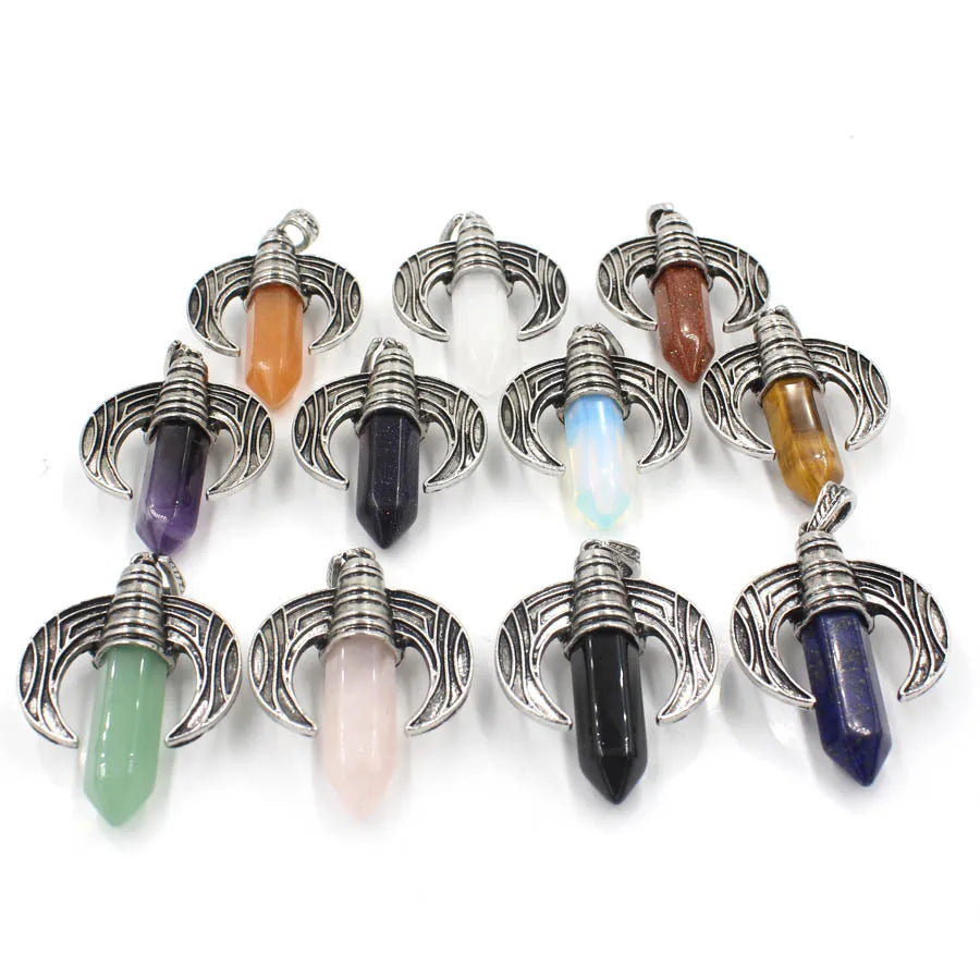 Vintage Ox Horn Crescent Moon Crystal Point Pendants for Jewelry Making - Antique Silver Inlaid Hexagonal Gemstone Bullet Charms, DIY Witchy Boho Necklace Accessories