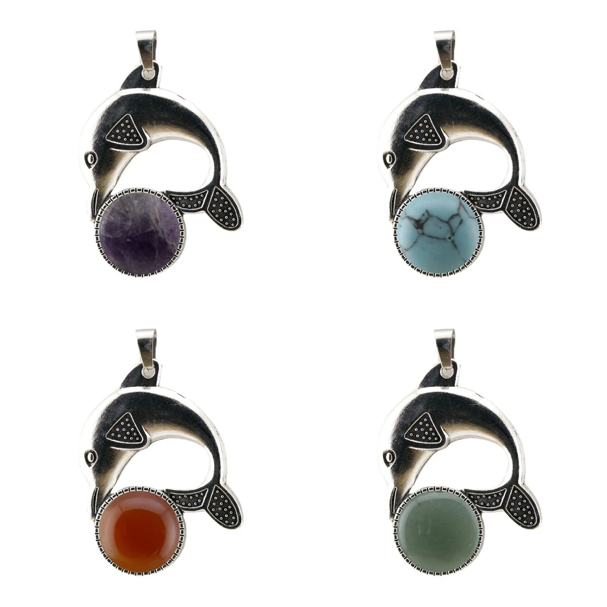 Bohemian Silver Marine Dolphin Gemstone Amulet • Cute Sea Animal Crystal Sphere Holder Charm • Unisex Coastal Beach Lover Jewelry Gift