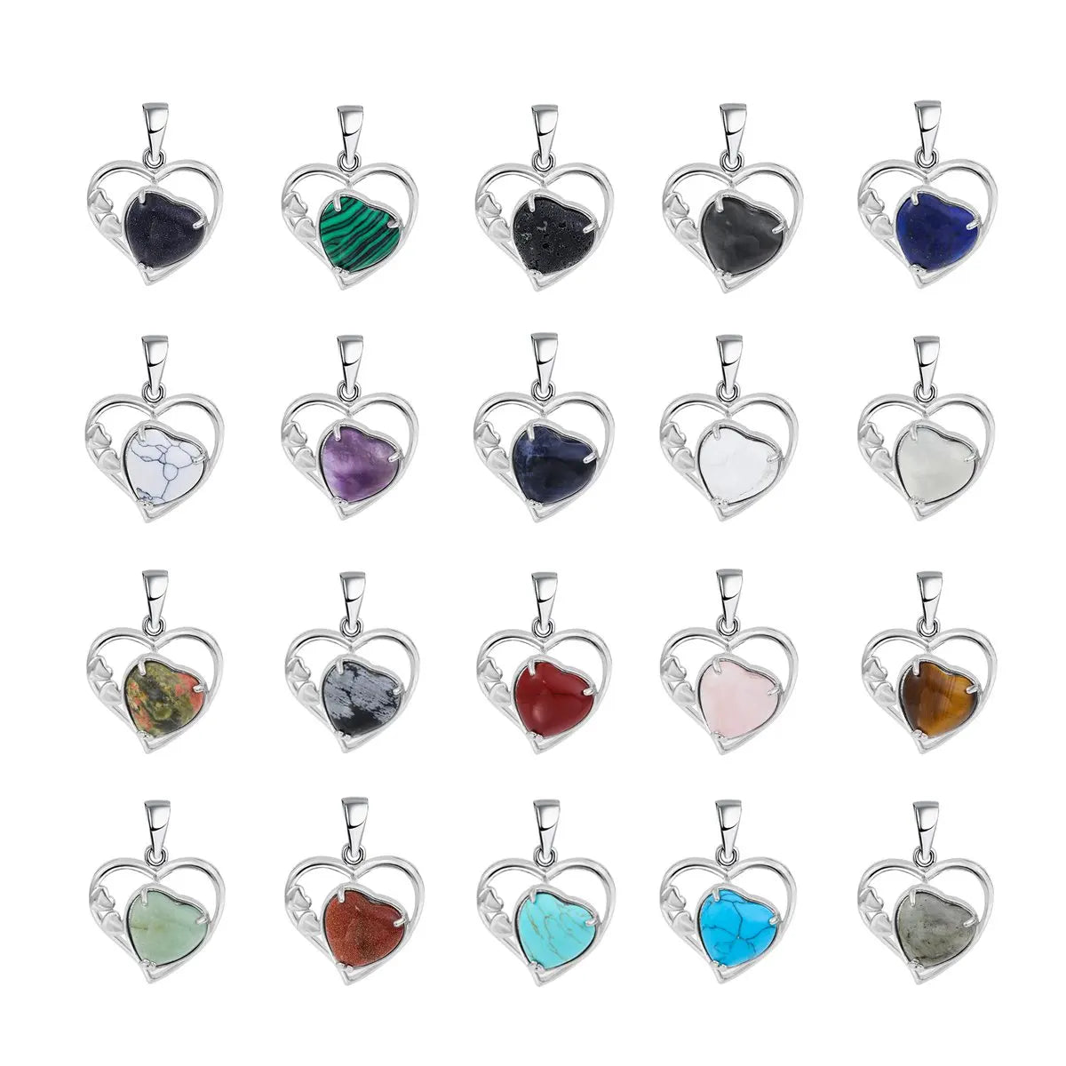 Natural Crystal Heart Pendant, Hollow Silver Frame with Gemstone Center for Women’s Jewelry