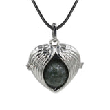 Angel Wing Heart Crystal Ball Pendant Necklace Silver Plated Natural Round Stone Chakra Healing Black Wax Cord Necklace for Women