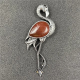 Vintage Silver Flamingo Brooch Pendant Inlaid Natural Gemstone, Multi Crystal Bird Animal Pin Convertible Necklace for Women Boho Fashion Jewelry