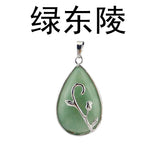 Silver Branch Rose Inlaid Teardrop Natural Crystal Pendant Water Drop Chakra Healing Gemstone Charm for DIY Necklace Jewelry Making