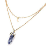 Layered Moon Choker Hexagonal Crystal Point Pendant Necklace, Natural Healing Gemstone Gold Plated Chain for Women