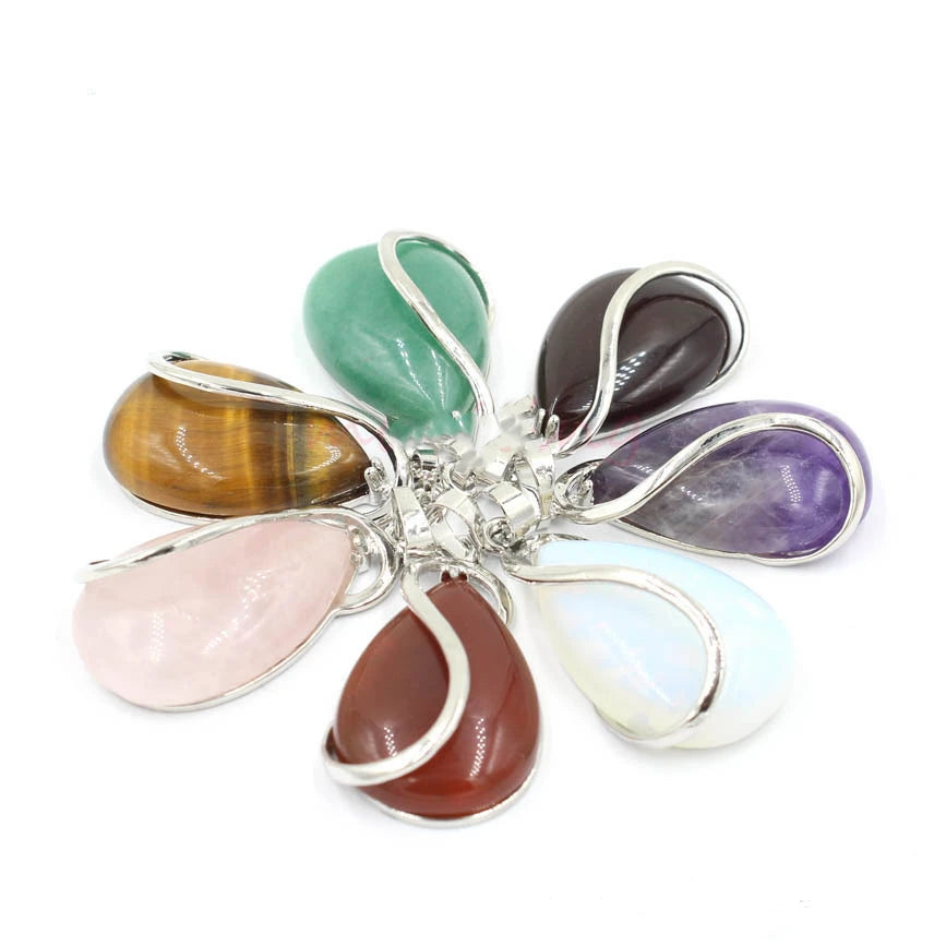 Teardrop Natural Gemstone Wire‑Wrapped Silver Pendant, Handmade Silver Metal Frame Water Drop Crystal Stone Pendant Reiki Chakra Healing Gem Charm Necklace for DIY Jewelry Making