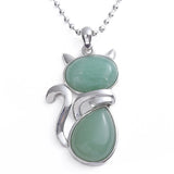 Natural Gemstone Cat Pendant Silver‑Tone Alloy Animal Charm Double Teardrop Inlaid Crystal Stone 22×40mm Chakra Reiki Healing Pendant for DIY Necklace Jewelry Making Bulk