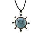 Nautical Ship Wheel Cord Necklace • Casual Silver Mariner Helm Pendant with Natural Gemstone Sphere • Unisex Rugged Black Leather Rope Jewelry