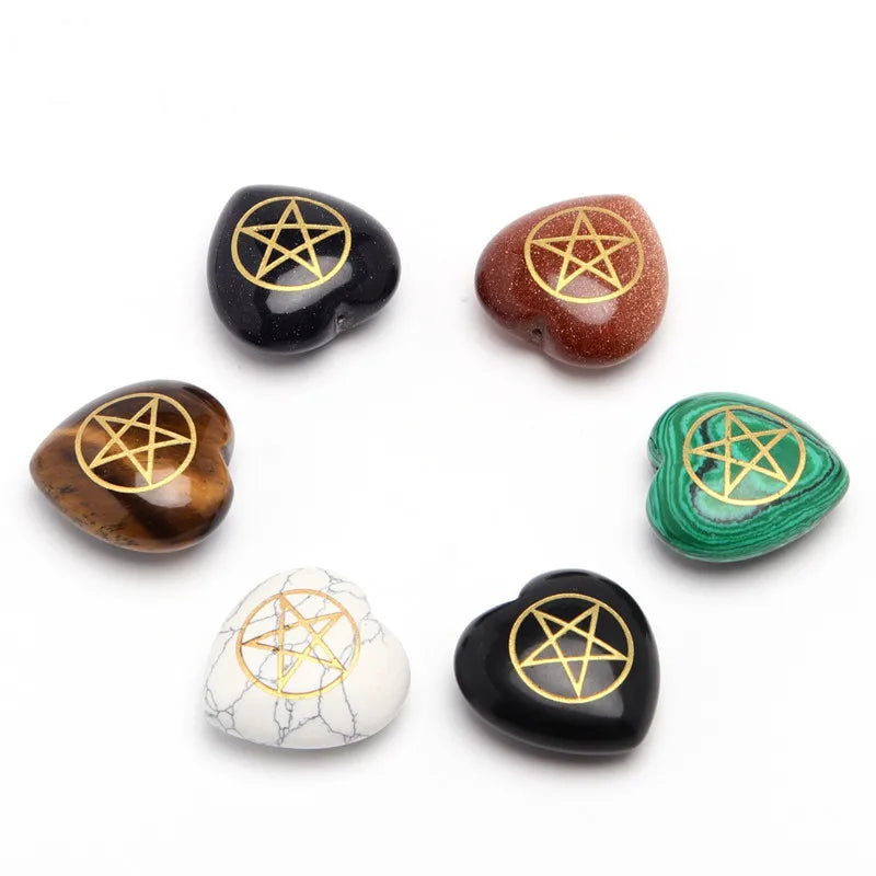 Gold Engraved Pentagram Heart Natural Crystal Stone, Wiccan Earth Goddess Symbol Pocket Healing Gemstone for Pendant & Meditation