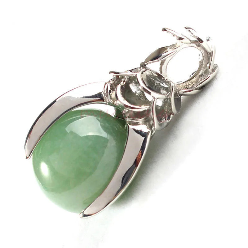 Rose Flower Bezel Round Natural Gemstone Pendant, 16mm Sphere Crystal Silver‑Tone Alloy Charm for Necklace Jewelry Making
