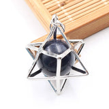 Merkaba Star Cage Natural Sphere Crystal Pendant Necklace, Silver‑Tone Metal Hollow Star Frame with Round Gemstone Bead Reiki Chakra Healing Necklace for Women