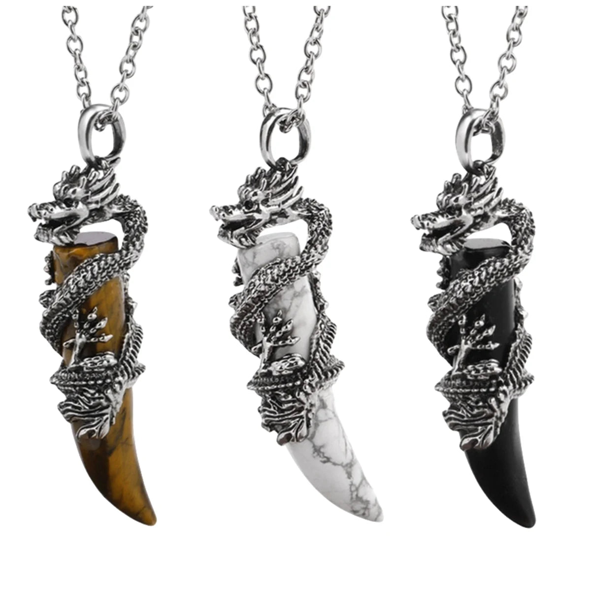 Gothic Silver Dragon Coiled Crystal Fang Necklace • Retro Mythical Creature Natural Gemstone Horn Pendant • Matching Couple Amulet Jewelry