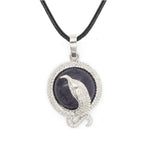 Eagle Silhouette Round Pendant Necklace Silver Lace Frame Natural Crystal Black Wax Cord Spirit Animal Jewelry