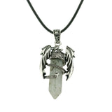 Gothic Winged Dragon Hexagonal Crystal Point Necklace, Vintage Silver Pterosaur Column Pendant, Punk Minimalist Protection Amulet with Black Rope Cord for Men & Women