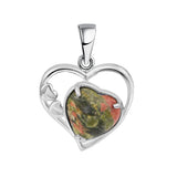 Natural Crystal Heart Pendant, Hollow Silver Frame with Gemstone Center for Women’s Jewelry