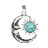 Natural Crystal Sun and Moon Pendant | Celestial Crescent Moon Gemstone Charm | Silver Alloy Sunburst Quartz Cabochon Jewelry Findings for DIY Making