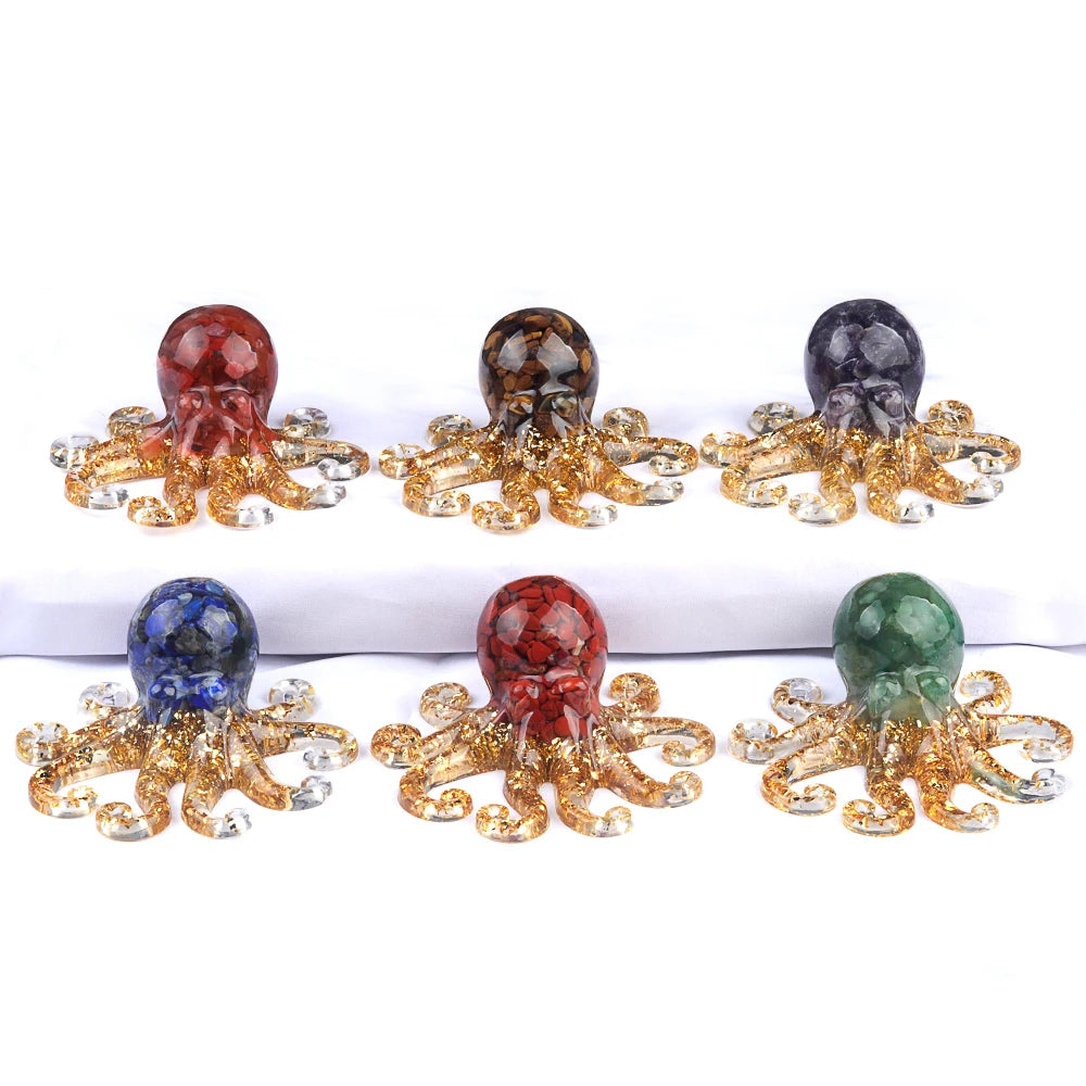 Resin Octopus Ornament with Natural Red Stone Chips | 10cm Gold Foil Octopus Decor for Home Desk