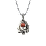 Gothic Flame Skull Pendant Necklace • Stainless Steel Ball Chain with Natural Gemstone Ball • Punk Hip Hop Skeleton Rocker Jewelry for Men Women