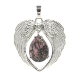 Natural Crystal Angel Wings Pendant | Teardrop Gemstone Heart Amulet Charm | Silver Alloy Feather Wing Quartz Droplet Jewelry Findings for DIY Making