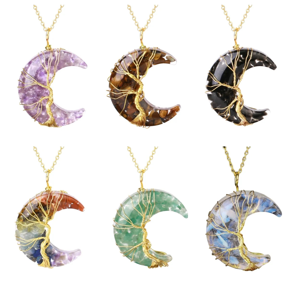 Dainty Gold Crescent Moon Pendant Necklace • Resin Crystal Chip Tree of Life Charm • Wiccan Goddess Spiritual Healing Crystal Jewelry