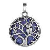 Natural Crystal Tree of Life Owl Pendant Necklace – 30mm Round Gemstone Amulet Jewelry Gift for Women