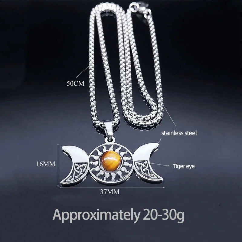 Stainless Steel Triple Moon Goddess Necklace with Celtic Knot - Natural Tiger's Eye Sun Pendant - Wiccan Pagan Spiritual Jewelry for Men & Women