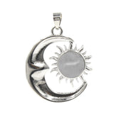 Natural Crystal Sun and Moon Pendant | Celestial Crescent Moon Gemstone Charm | Silver Alloy Sunburst Quartz Cabochon Jewelry Findings for DIY Making