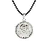 Owl Hollow Pendant Necklace, Silver Plated Natural Crystal Inlay Black Wax Cord Wisdom Symbol Necklace
