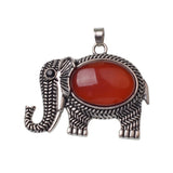 Retro Hollow Pattern Elephant Natural Stone Pendant, Vintage Alloy Lucky Elephant Charm, Healing Crystal Reiki Meditation Amulet for Handmade Necklace