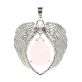Natural Crystal Angel Wings Pendant | Teardrop Gemstone Heart Amulet Charm | Silver Alloy Feather Wing Quartz Droplet Jewelry Findings for DIY Making