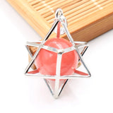 Merkaba Star Cage Natural Sphere Crystal Pendant Necklace, Silver‑Tone Metal Hollow Star Frame with Round Gemstone Bead Reiki Chakra Healing Necklace for Women