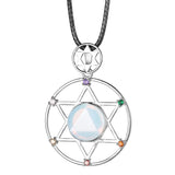7 Chakra Hexagram Natural Crystal Pendant Necklace, Sacred Star of David Gemstone Black Wax Cord Necklace Reiki Energy Spiritual Boho Jewelry Gift for Men Women